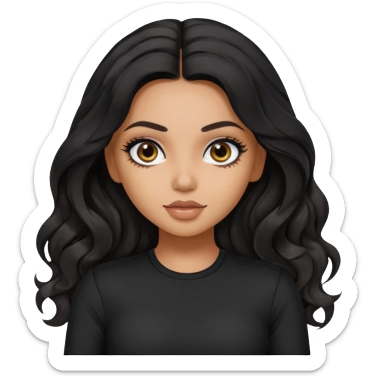 a pretty bratz dusky girl with long wavy black hair, kajal under eyes, black full sleeve  top sticker