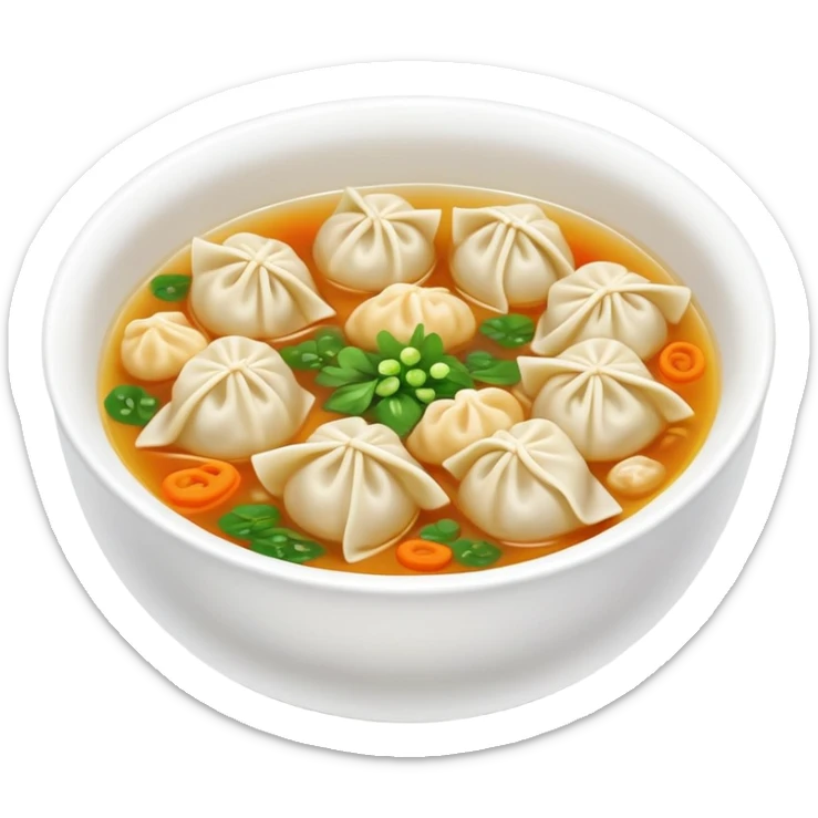 Wenzhou Huntun Wonton Noodle Soup with small dumplings, simplified emoji style with bold outlines and bright colors, cartoon style Zhejiang specialty with clear broth sticker