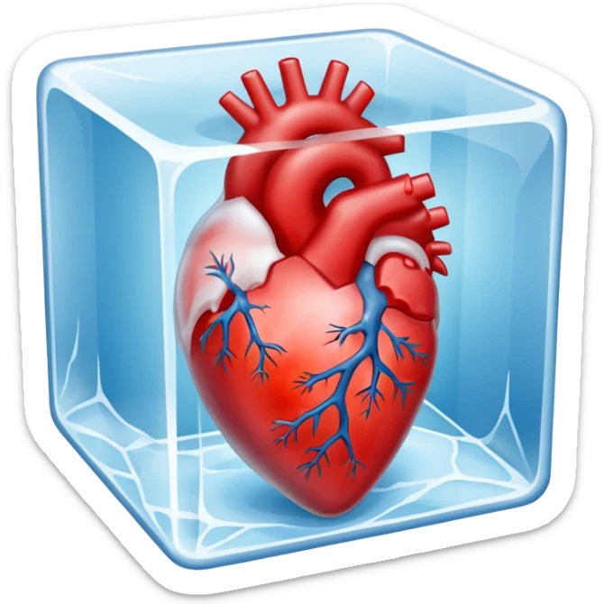 An artistic depiction of a human heart frozen in time, encased in a crystal-clear ice cube, symbolizing emotional coldness and isolation, cinematic lighting, high detail sticker
