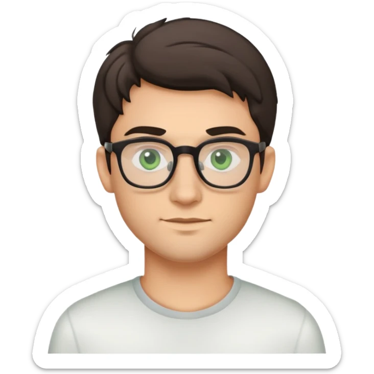 young man with dark poofier slightly curled hair wearing glasses with green eyes and very light stubble, minimal facial hair, with a slight smile sticker