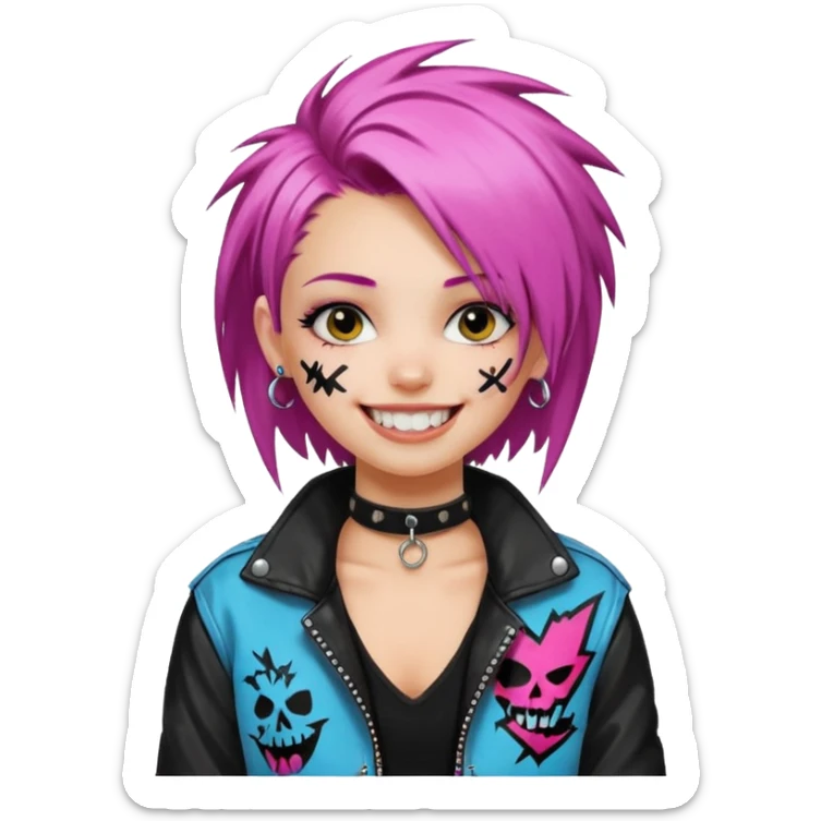 a punk girl with neck-length dyed hair and wear a punk graffiti jacket with black choker grin playfully  sticker