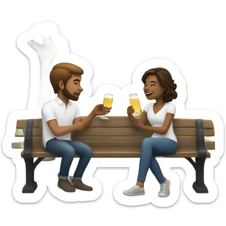 couple with white skin people and brown hair, sitting closely on a park bench, enjoying a romantic moment. One person is holding a croissant, and the other is holding a glass of Prosecco.  sticker
