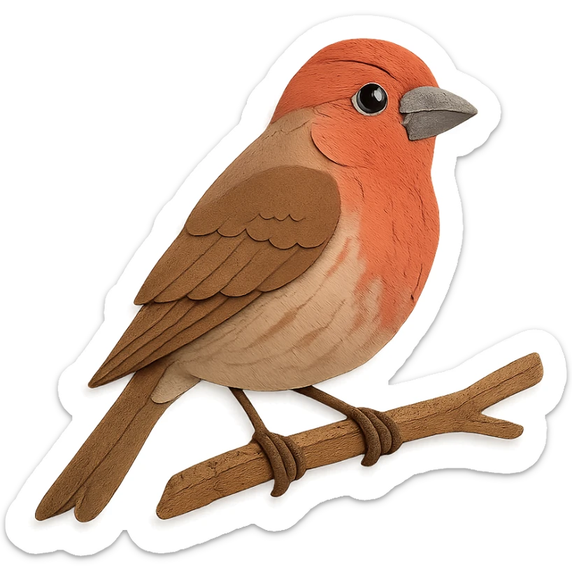 close-up of a house finch perched on a tree branch, fine paper edges, expressive eye, red and brown plumage sticker