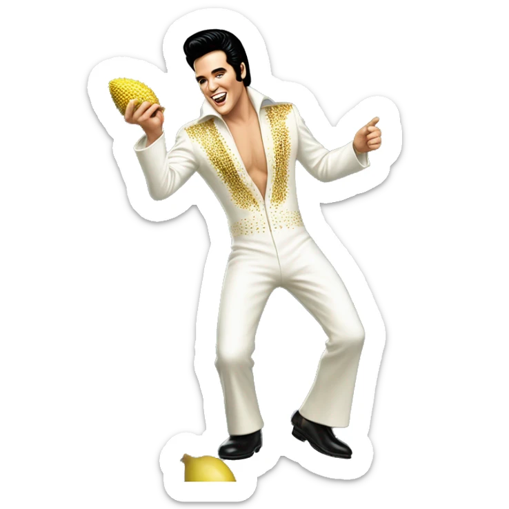 A smiling Elvis Presley wearing a white and gold jumpsuit with black shoes in a dancing pose, A hand holding a large durian sticker