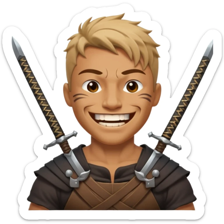 Haz que tenga una sonrisa epica una cicatriz en el ojo serrado y una espada entre los dientes y dos más a cada lado. sticker