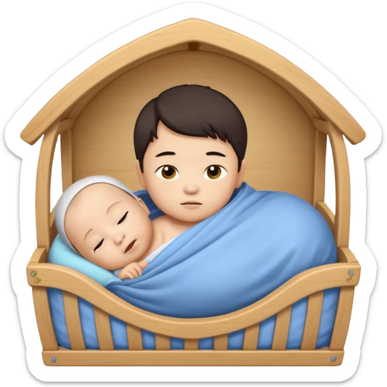 swaddled Asian baby boy lying in a wooden crib, emoji style sticker