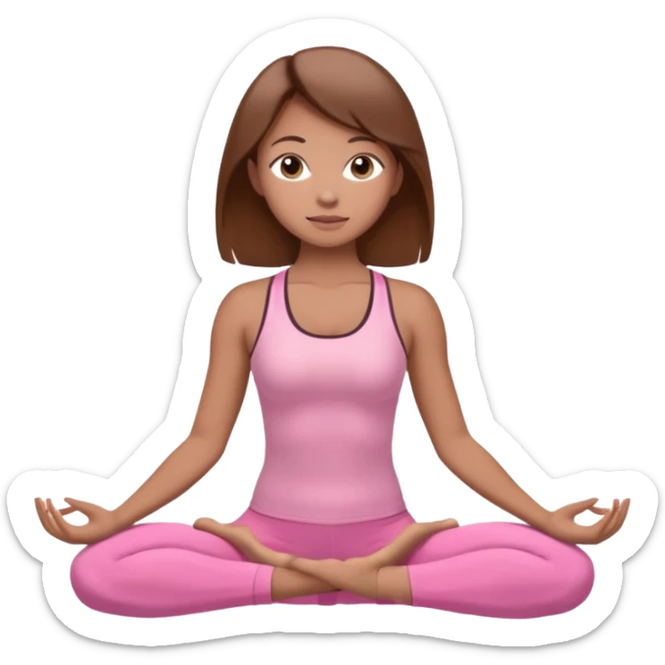 Generate a girl in a yoga pose. She is wearing a pink suit and has brown hair. sticker