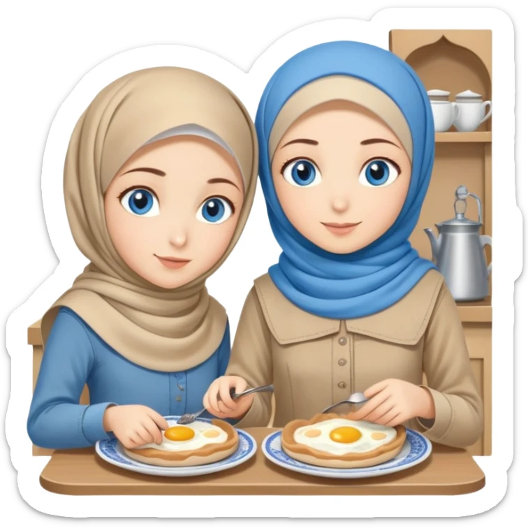 Turkish beautiful finish Konya two girls blue eyes with beige denim hijab islamic dress and make breakfast in breakfast house  sticker