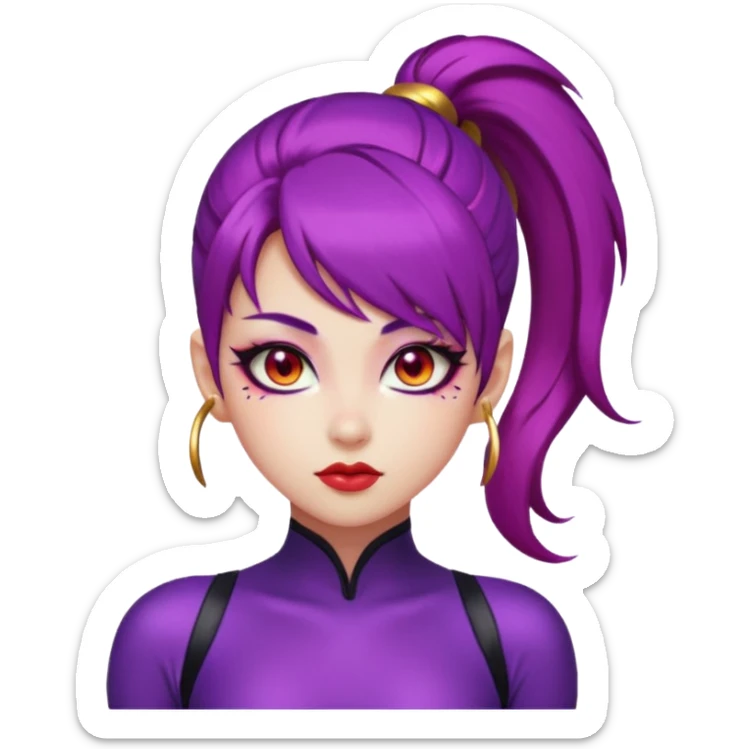 fierce K-pop warrior girl emoji face with sleek violet hair in a high ponytail, glowing red almond-shaped eyes, bold eyeliner, calm but intense expression sticker