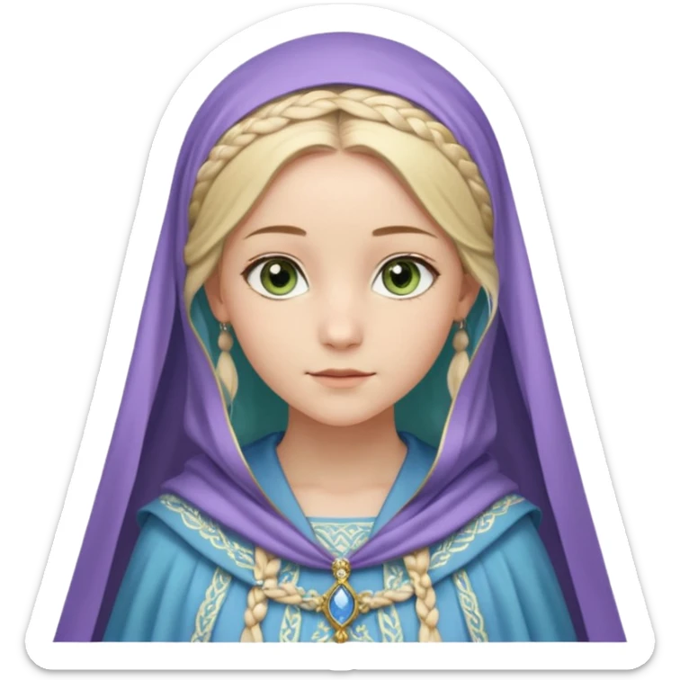 Joven de unos 30 años, de aspecto dulce y elegante.
Piel clara, ojos (pueden ser azules o verdes)
Rubio o castaño claro, largo, con trenzas o velo.
Vestido largo de tonos suaves (blanco, azul o lavanda), con bordados dorados; un manto o toca fina cubriendo la cabeza. Haz todo el cuerpo sticker