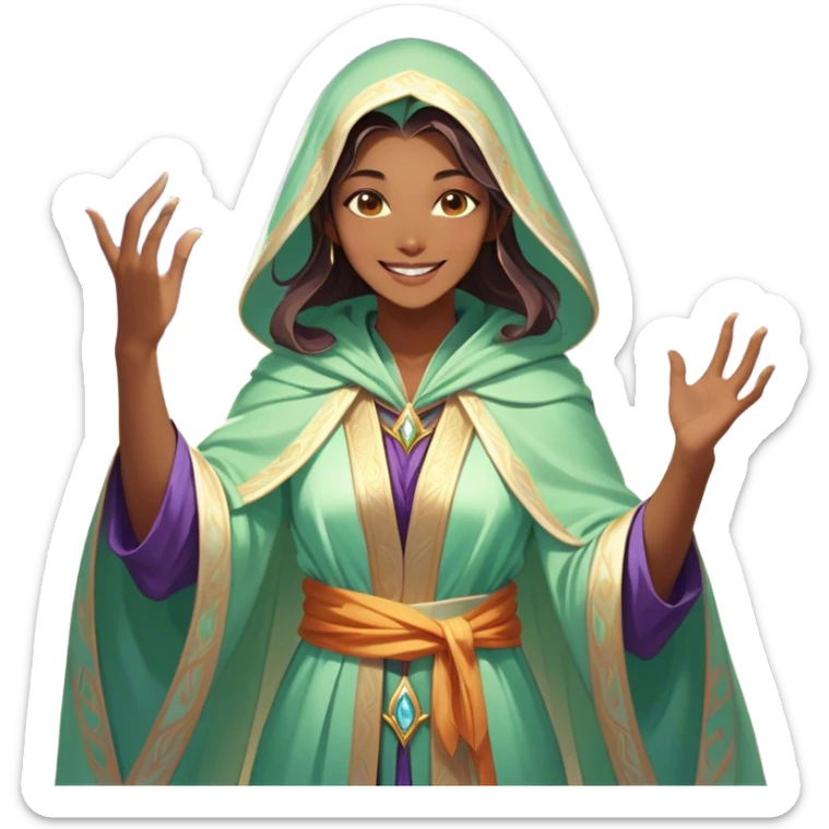 Clash of Clans aesthetic Cheerful Mage Portrait Emoji, With a bright, joyful expression and an aura of radiant magic, showcasing a stylish, robed figure with flowing garments and sparkling eyes in natural skin tone that convey boundless curiosity, Simplified yet expressive features, highly detailed, glowing with a soft, luminous mystical light, high shine, upbeat and wise, stylized with an air of fantastical wizardry, soft glowing outline, capturing the essence of a cheerful mage ready to cast spells of wonder on legendary quests! sticker