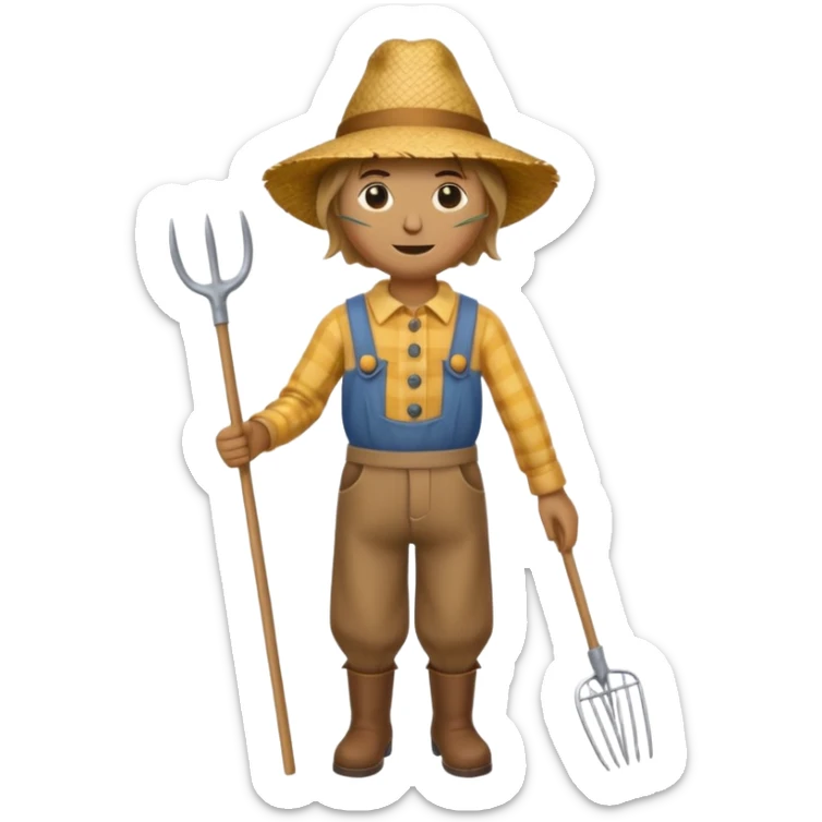 Scarecrow, straw hat, and a rake tucked in one arm, body on stick sticker