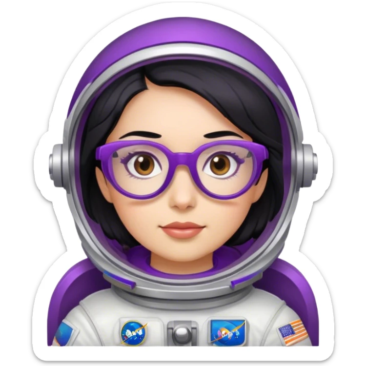 female astronaut with black hair brown eyes and purple glasses sticker
