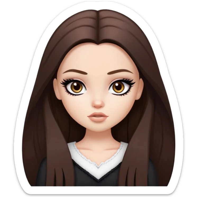 straight long brown hair, pale skin skin, dark brown eyes, pretty bratz baddie, black eyeliner sticker
