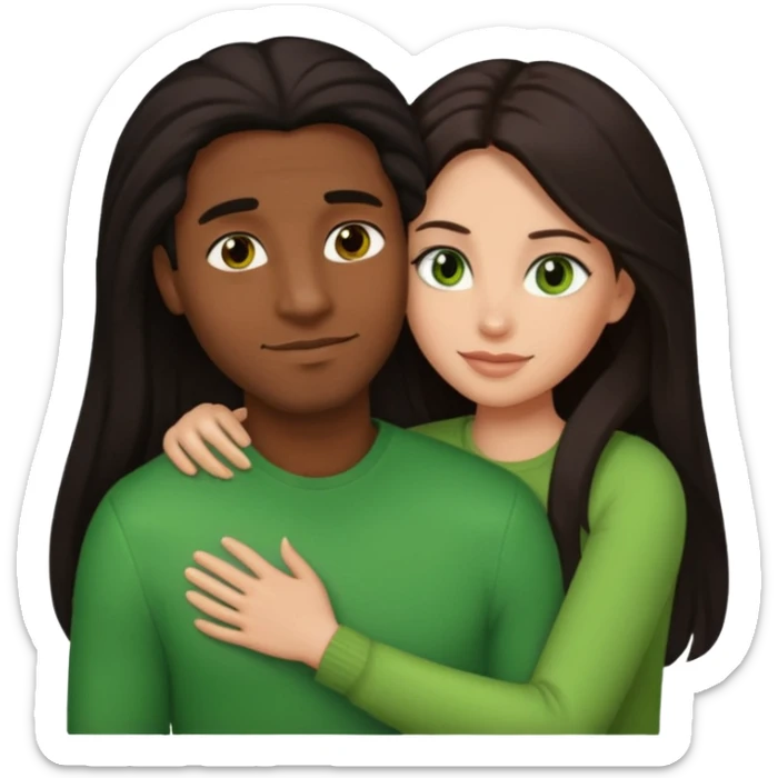 black man with brown eyes and woman with long dark hair, green eyes, and light skin in a warm hug, emoji style sticker