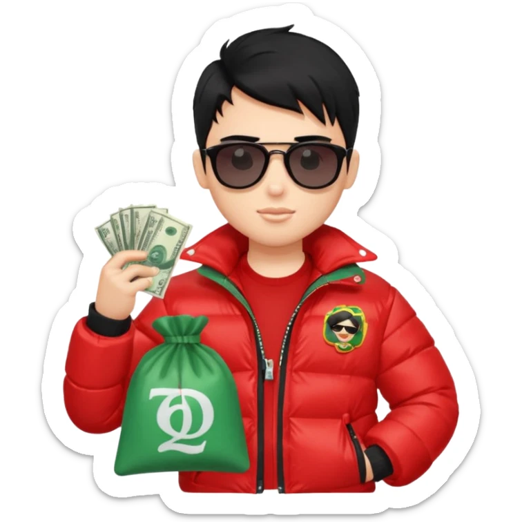 a pretty bratz boy with black hair, holding a bag of money, sunglasses on, red puffer jacket sticker