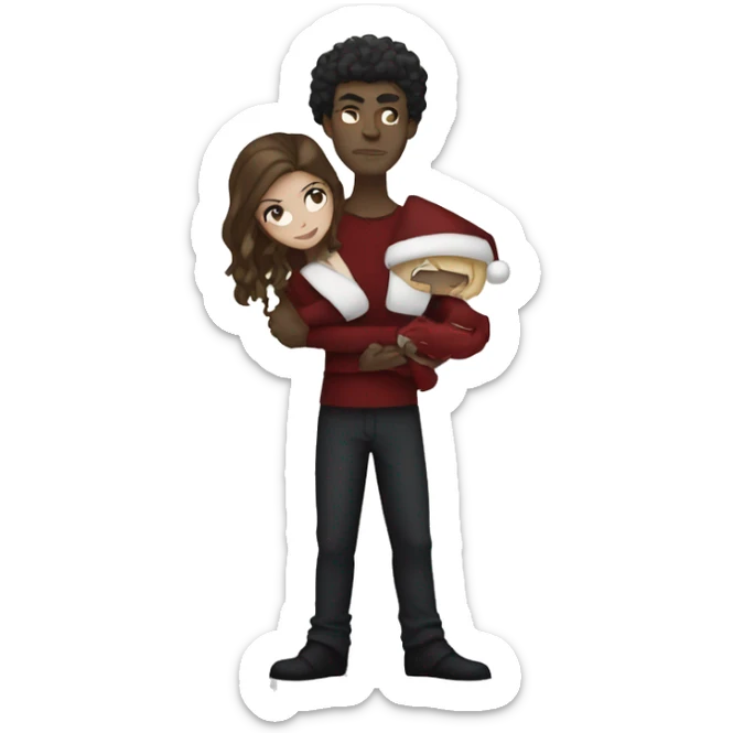 a male vampire next to his lightskin girlfriend in front of a christmas tree sticker