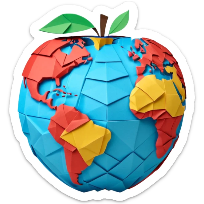 3D render of Papier-Mâché Globe made entirely of folded origami paper, sharp creases, cardboard texture, matte finish, visible paper grain, craft aesthetic, Apple emoji style, isolated on white background --v 6.0 sticker