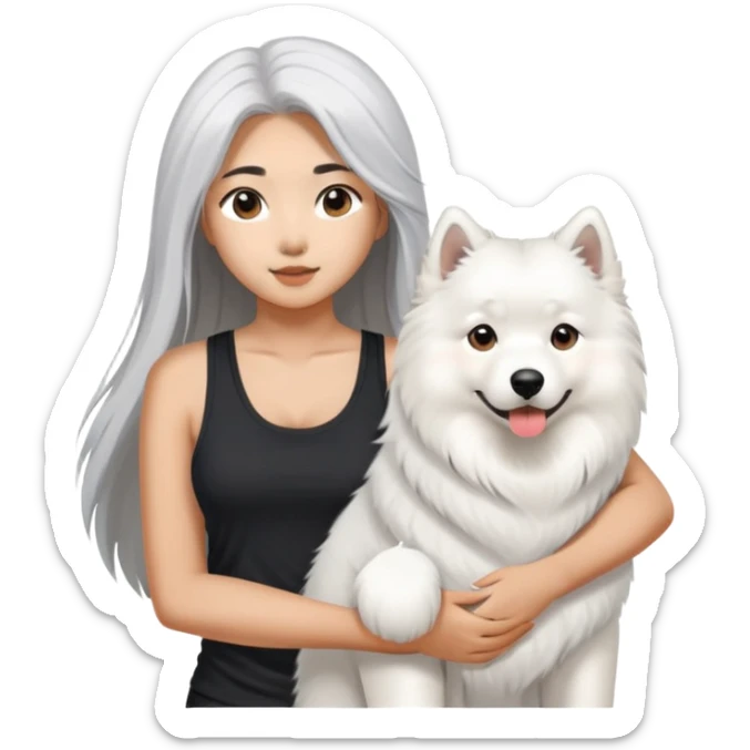  asiatic girl in the black tank top with long gray  hair and a samoyed sticker