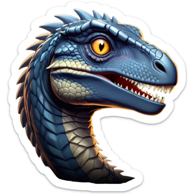 Cinematic Noble jurassic park Velociraptor Portrait Emoji, Poised and menacing, with a sleek, muscular build clad in dark, scaly skin reminiscent of jurassic park Park’s iconic raptor, a sharply curved snout and piercing, intelligent eyes that exude predatory cunning, Simplified yet boldly defined features, highly detailed, glowing with a cool, ominous radiance, high shine, intelligent and relentless, stylized with an air of cinematic prehistoric authority, focused and alert, soft glowing outline, capturing the essence of a watchful and confident jurassic park Velociraptor that appears ready to dash out of the screen with effortless power! sticker
