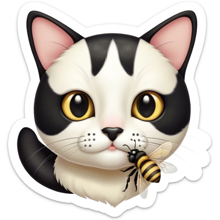 I would like to generate an emoji with a tuxedo cat that has a black spot on their noses and it catches a bee sticker