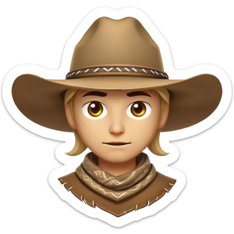 Clash of Clans aesthetic friendly Cowboy Portrait Emoji, With a rugged yet stylized build wearing a classic wide-brimmed hat and bandana, his face rendered in a natural skin tone (not yellow), determined eyes and a steely gaze, Simplified yet dynamic features, highly detailed, glowing with a warm, sunlit frontier radiance, high shine, brave and spirited, stylized with an air of Wild West heroism, focused and ready, soft glowing outline, capturing the essence of a fearless cowboy adventurer ready to ride into epic quests! sticker