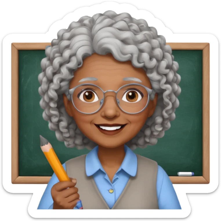 old woman teacher, brown skin, curly grey white hai, wearing glasses, hold chalk on hand sticker
