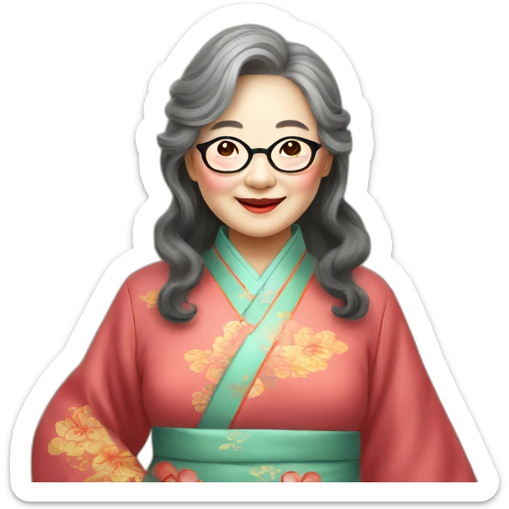 Chinese seniors lady wear glasses has wavy long hair wear Chinese traditional dress show appreciation sign sticker