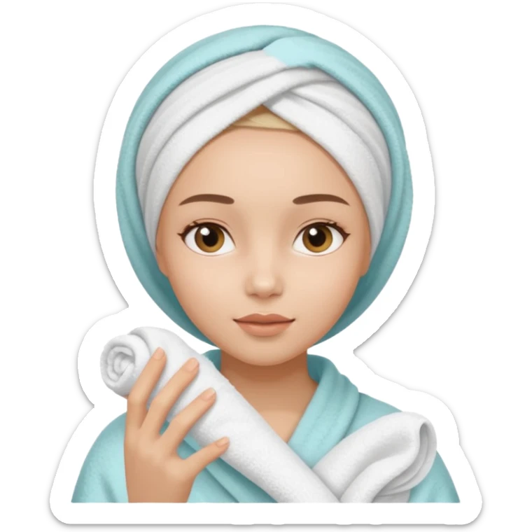 A gril that her head covered with towel and skincare plis hide the hair and this girl shuold be using a skincare product sticker