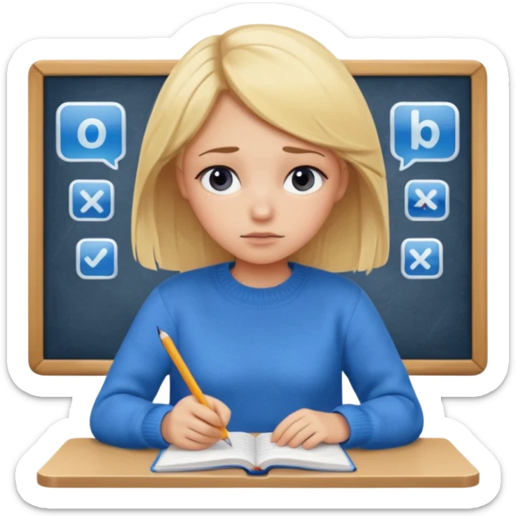 blonde girl in a blue sweater with a tired look studies lessons emoji ios 18.1 sticker