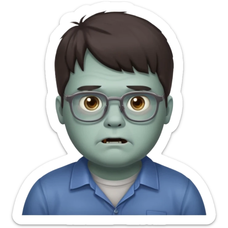 An emoji of a slightly chubby male zombie with dark brown hair and bangs down to his eyebrows, wearing square, bluish glasses. sticker