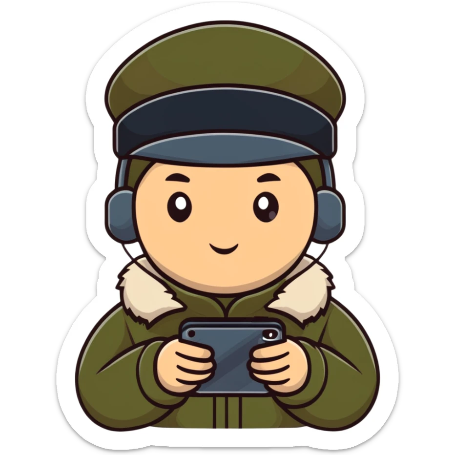 Russian military blogger wearing an ushanka hat and a vatnik, holding a smartphone sticker