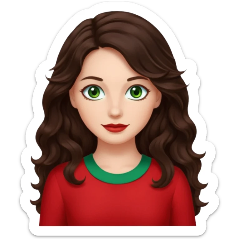 Leslie Bryant from Summer of Fear with long dark brown wavy hair, green eyes, red outfit sticker