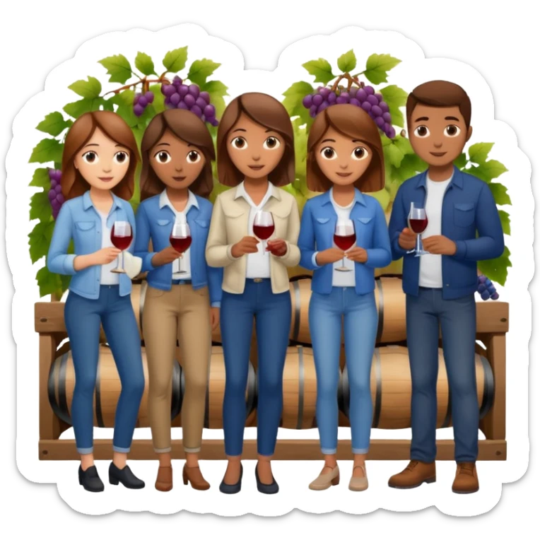 Make a photo of 5 project managers, specifically 3 girls with brown hair and 2 boys, that are making project for improvement of the winery sticker