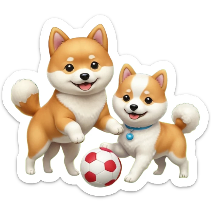 2 dogs, one ginger shiba inu et one white bichon, playing with a ball in a sunny garden sticker