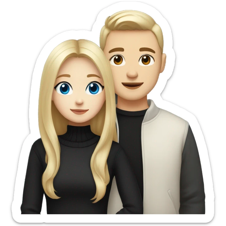 dark Blonde girl with blue eyes in black sweater and an east asian with light skin man with black hair and black eyes hugging sticker