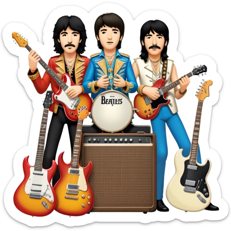 Rock music icon: dynamic collage of global rock legends like The Beatles, Jimi Hendrix, Elvis Presley, Led Zeppelin, Queen, and Nirvana, surrounded by guitars, amplifiers, and stage lights. Symbolizing the energy and power of rock music. Transparent background. sticker