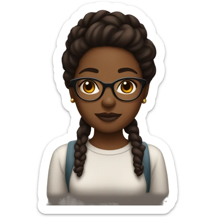 Black girl with really dark brown hair, with slightly dark faded ginger on the ends of her hair, with glasses slightly plump lips, dark brown eyes, nice thick brown brows, big cute nose sticker