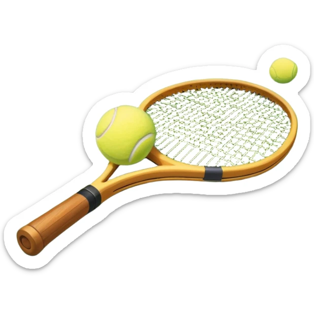 A tennis racket and ball positioned on a grass court, with the net and lines clearly visible in the background. The scene emphasizes the classic elements of the sport, capturing the energy and precision of a tennis match. sticker