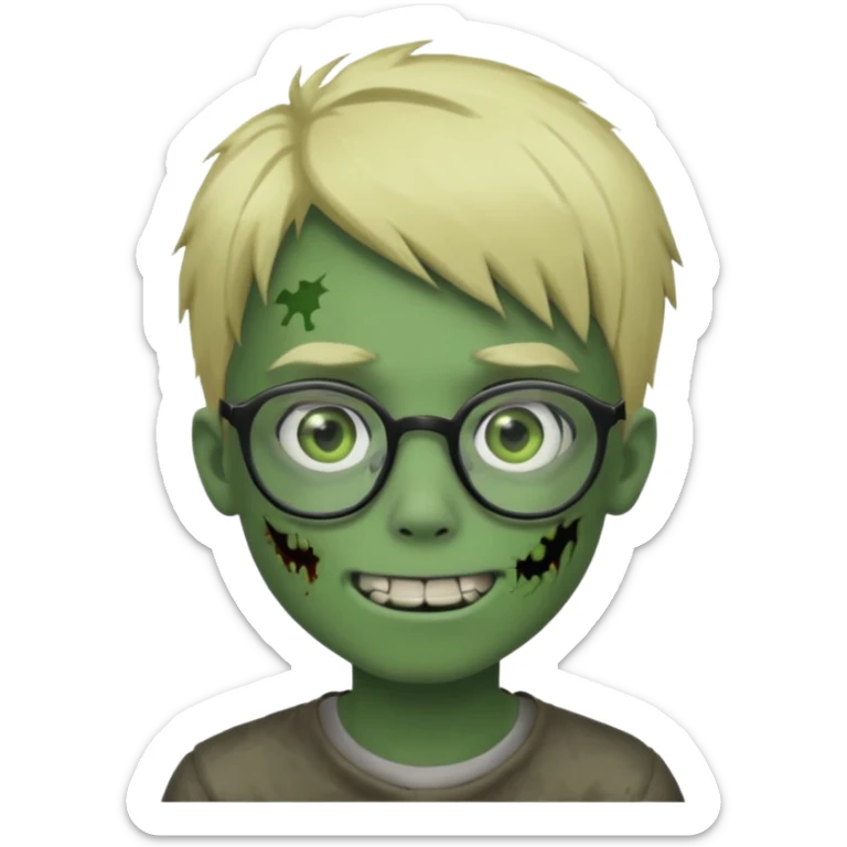 boy zombie with blonde emo hair and green skin and glasses and corner smile sticker