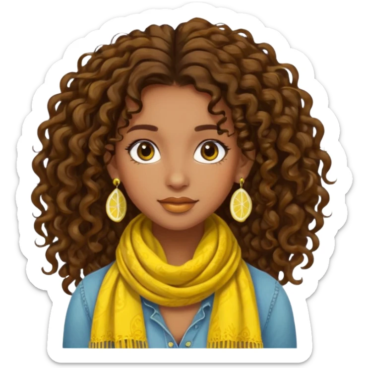 brown-skinned girl, bohemian, long curly brown hair up, lemon yellow scarf, round earrings sticker