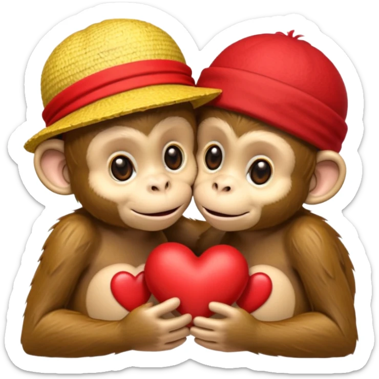 two cartoon monkeys hugging and kissing. The larger monkey is wearing a yellow straw hat like Luffy’s from One Piece. The smaller monkey is wearing a solid red headband. A small red heart floats between them to express affection. sticker