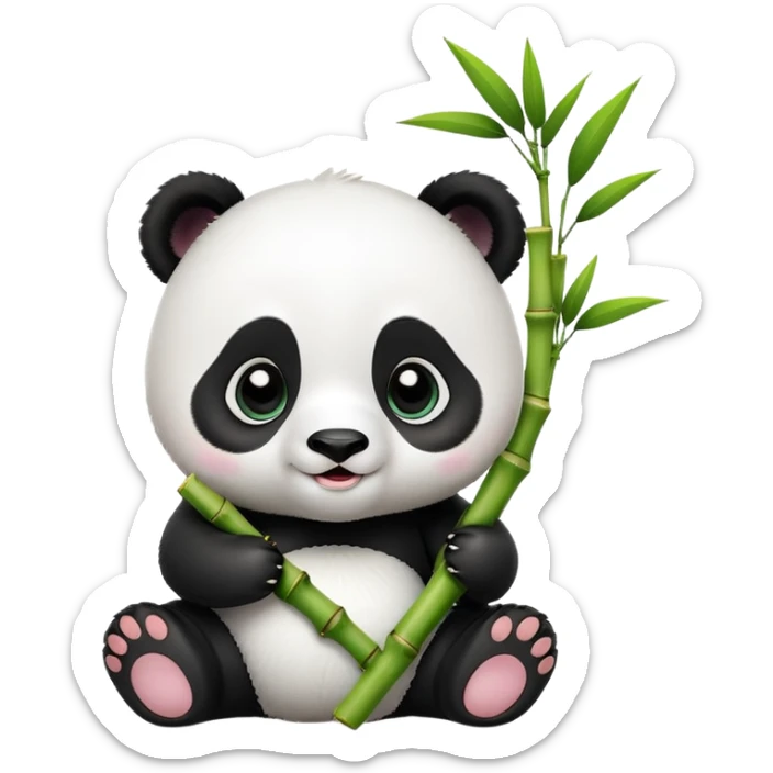 A 3D baby panda sitting and happily eating bamboo, big shiny eyes, cute and cartoonish style, soft lighting, high quality sticker