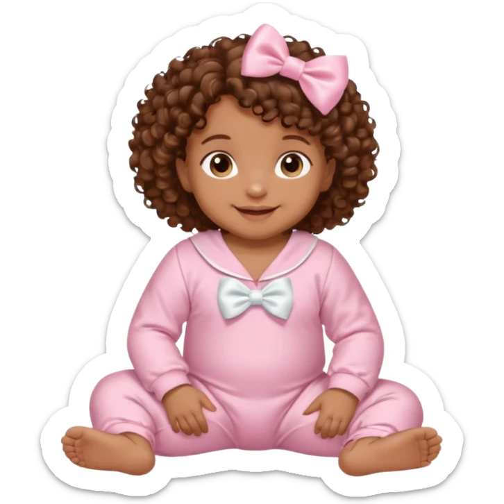 Brown skin 6 month old baby with brown curly hair down laying down smiling with satin baby pink onesie and white bow sticker