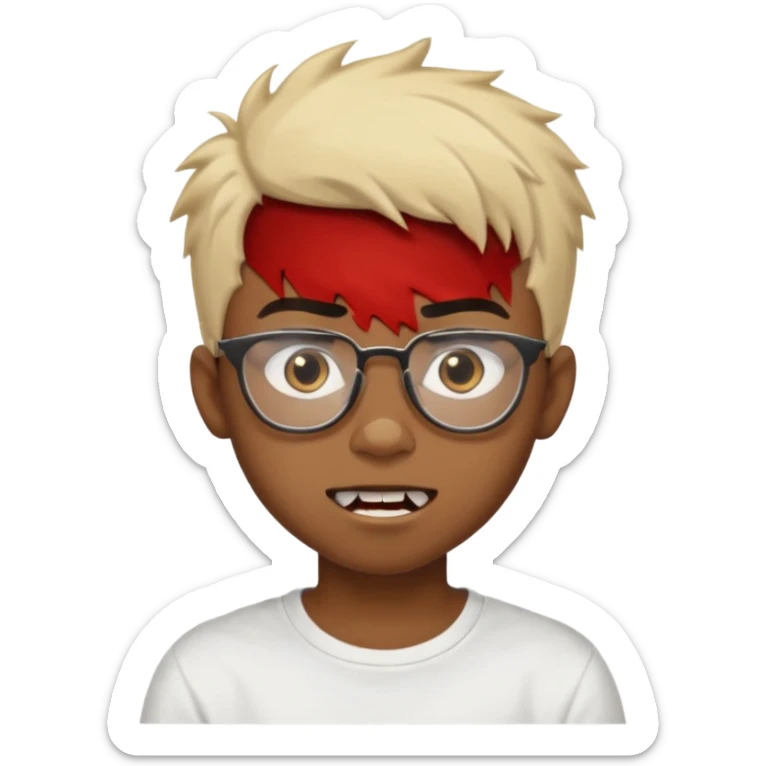 Black Male Teenager with Short punk messy blonde hair, Dark brown bushy eyebrows large expressive golden-brown eyes, wearing a plain white t-shirt, wearing glasses, Dark Brown skin color. vampire tooth sticker