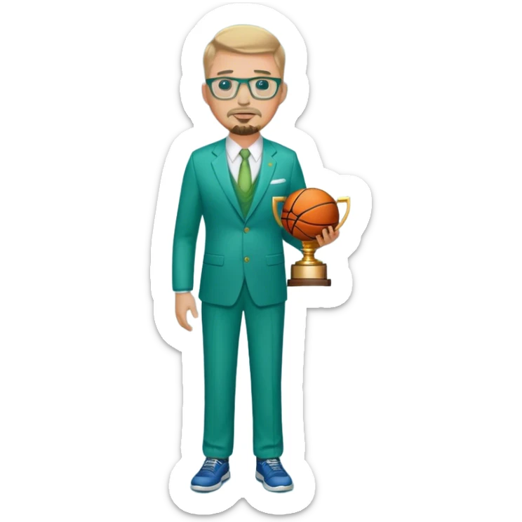 Full Body white male wearing glasses with a goatee with dirty blond very short hair basketball head Coach in blue and green suit holding trophy sticker