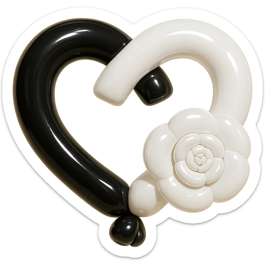 Chanel heart in balloon style, shiny, black and white, with a camellia flower sticker