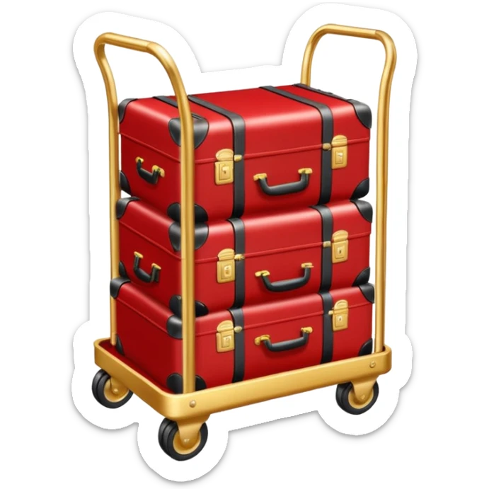 Luggage cart: A polished gold luggage cart with a red carpet base, neatly stacked with suitcases. sticker