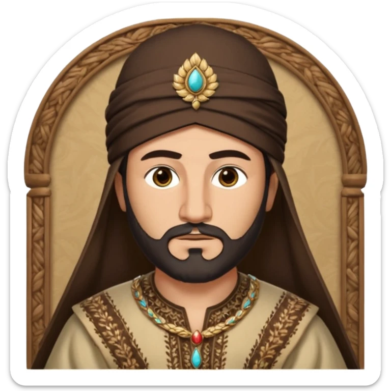 Memoji of Tuğrul Bey with wheat-toned complexion, almond-shaped brown eyes, thick arched eyebrows, dark hair, neatly trimmed short beard, serious expression, traditional Seljuk pointed hat (börk) with ornamental details, fur-lined kaftan collar, charismatic and authoritative sticker