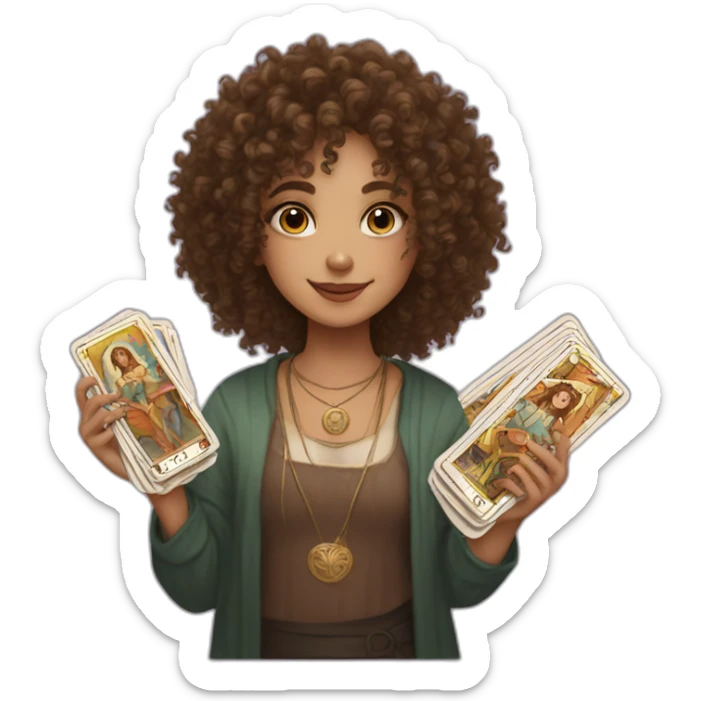 A brown curly haired girl with a deck of tarot cards sticker